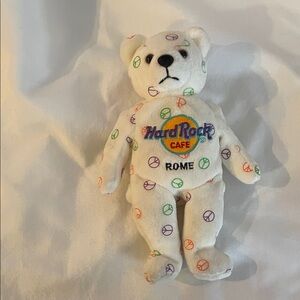 Hard Rock Cafe White Teddy Bear with Colorful Peace Signs